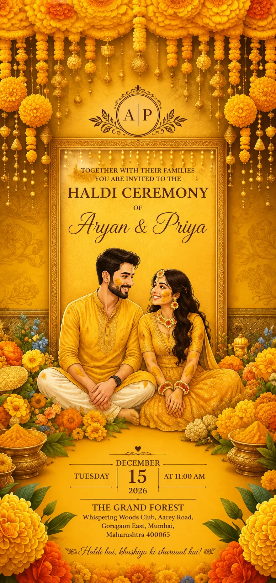 Haldi ceremony invitation. Together with their families, you are invited to the haldi ceremony of Aryan and Priya. Tuesday, 15 December 2026 at 11:00 AM. The Grand Forest, Whispering Woods Club, Aarey Road, Goregaon East, Mumbai, Maharashtra 400065.