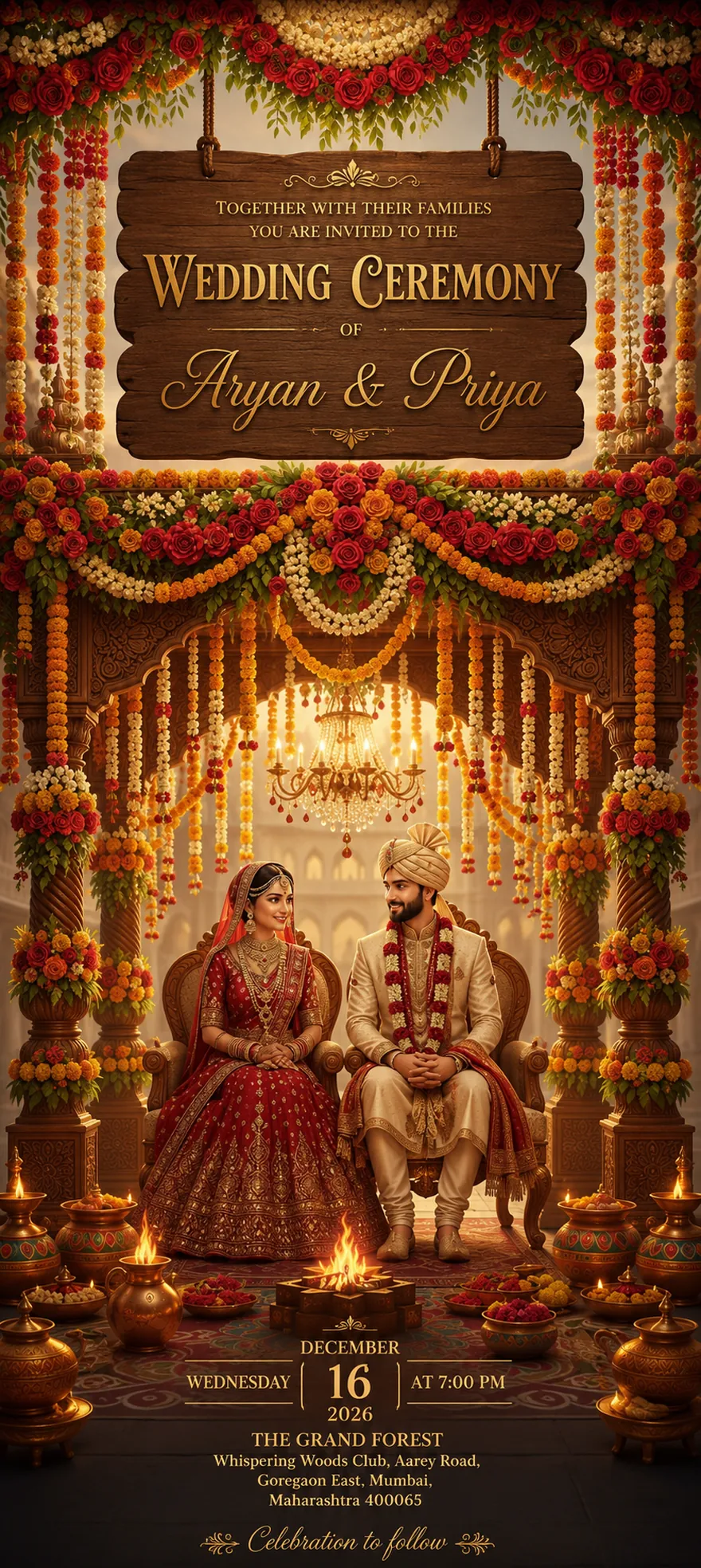 Wedding ceremony invitation. Together with their families, you are invited to the wedding ceremony of Aryan and Priya. Wednesday, 16 December 2026 at 7:00 PM. The Grand Forest, Whispering Woods Club, Aarey Road, Goregaon East, Mumbai, Maharashtra 400065. Celebration to follow.